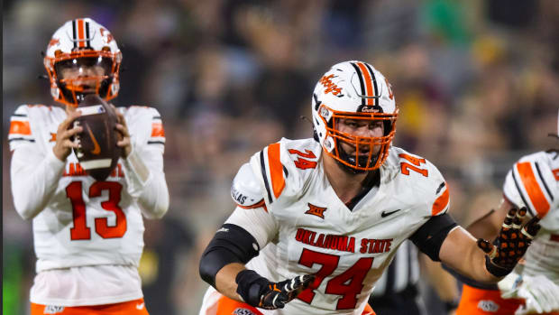 Sep 9, 2023; Tempe, Arizona, USA; Oklahoma State Cowboys offensive lineman Preston Wilson (74) against the Arizona State Sun Devils at Mountain America Stadium. Mandatory Credit: Mark J. Rebilas-USA TODAY Sports